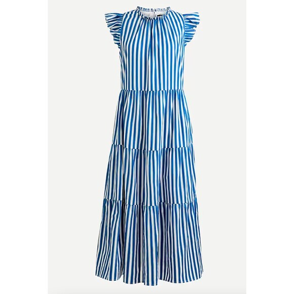 J. Crew Tiered Maxi cotton dress in blue and white stripe. Small - Picture 1 of 5